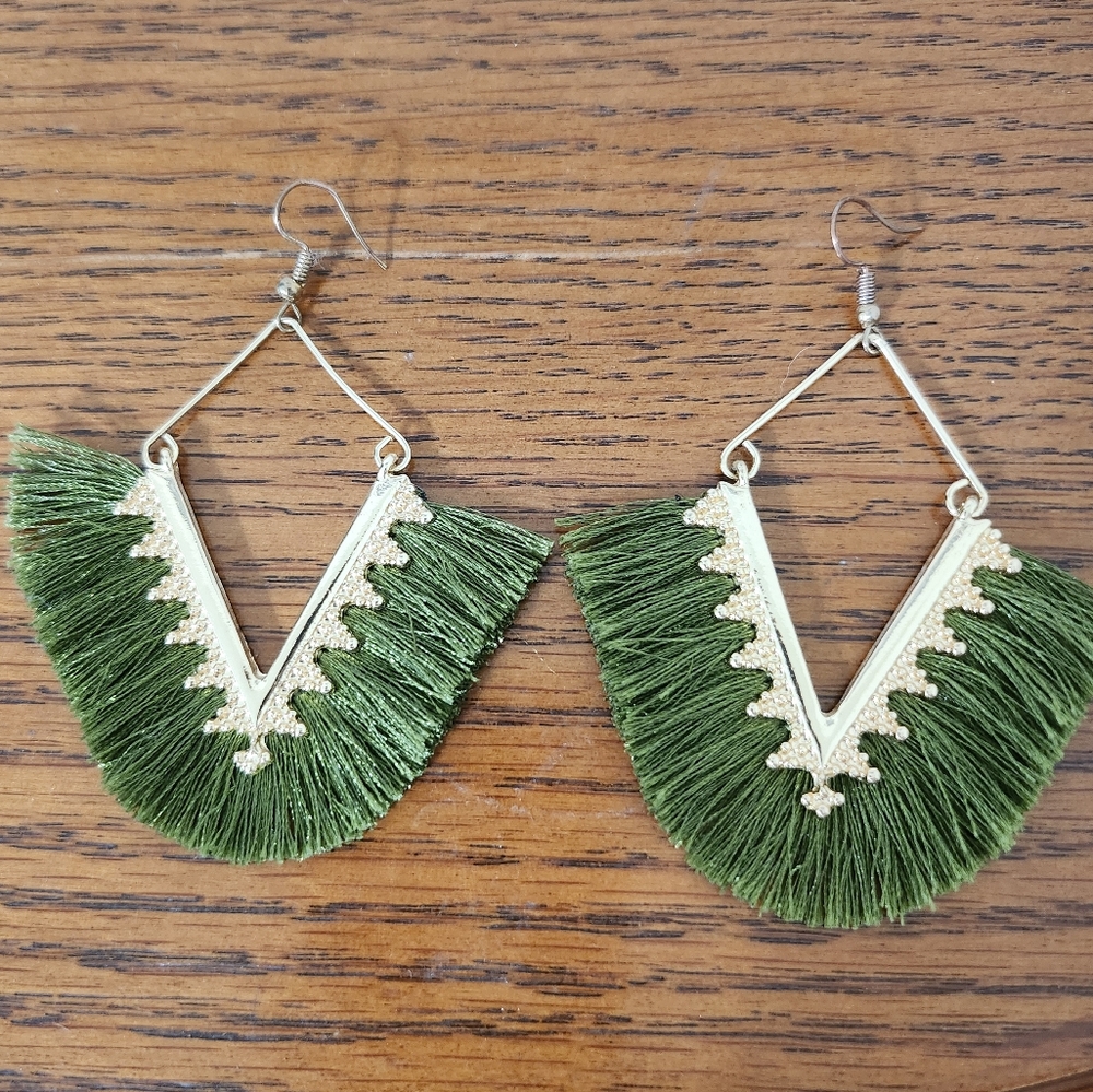 Olive Green Fringe Tassel Hoop, Gold Hardware Plunder Earrings